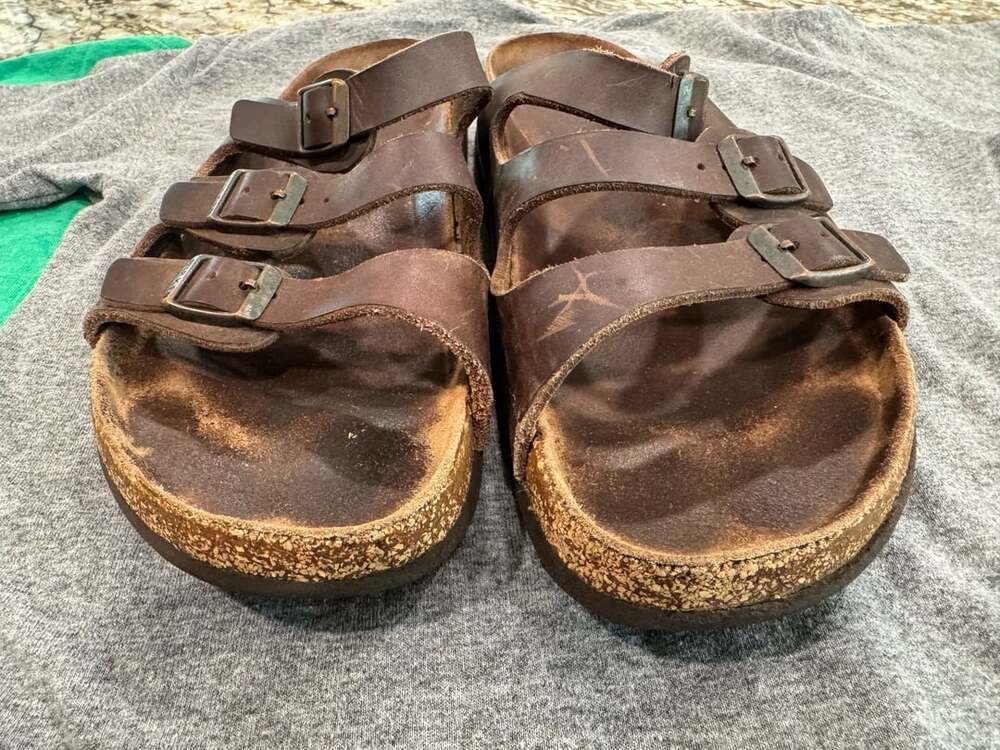 Birkenstock Florida Brown Oiled Leather Three Strap Sandals Size 41